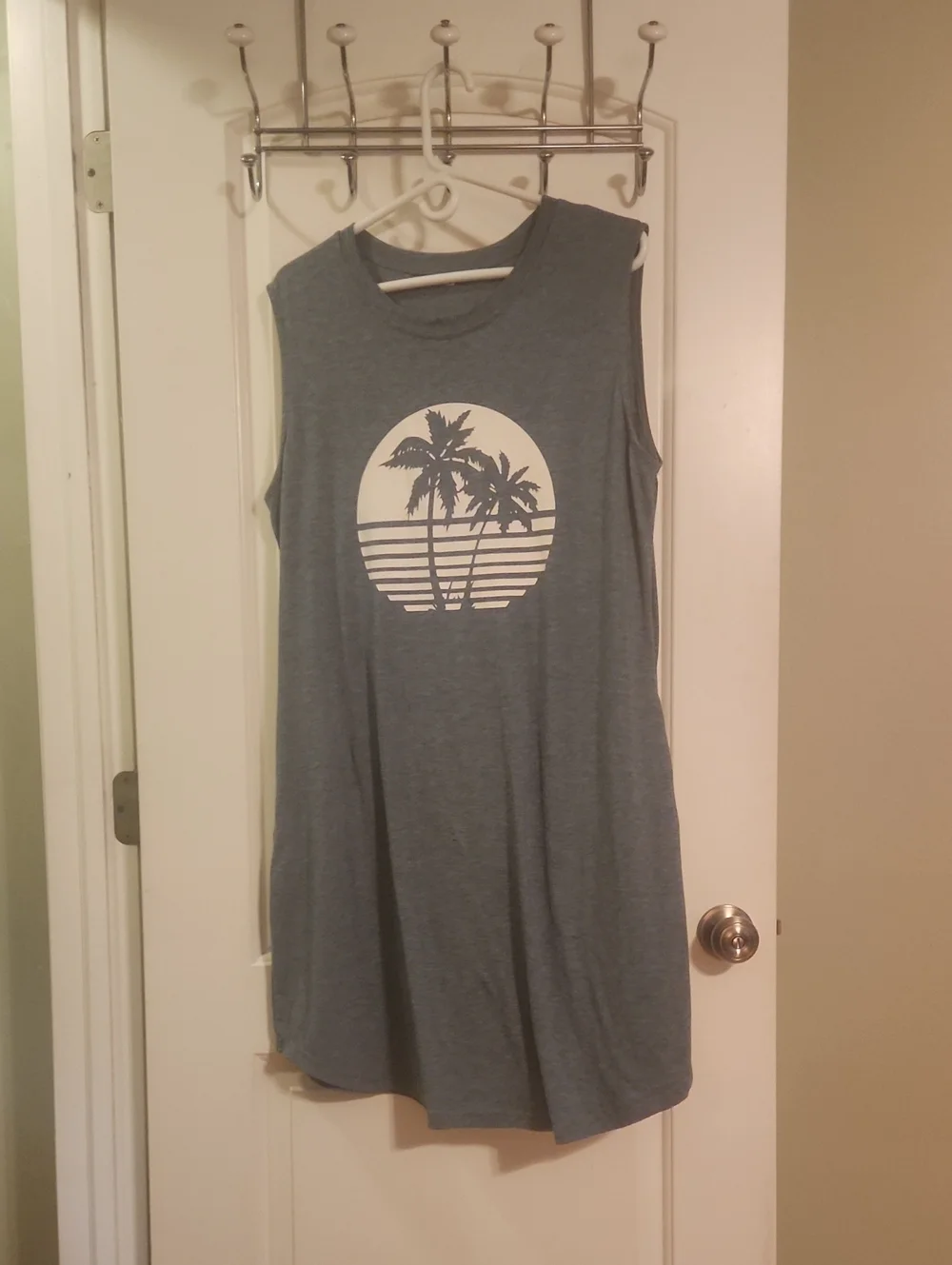 Sleeveless Palm Graphic Shift Dress in Heather Blue